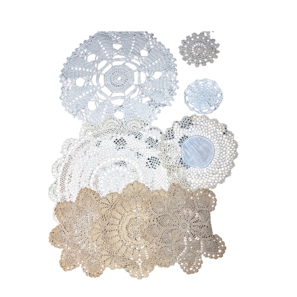 Vintage Handmade Crochet Doilies Lot 8 pc White Cream Tan Lace Round Table Decor